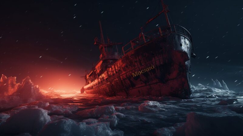 A tanker stranded on the arctic ice.
