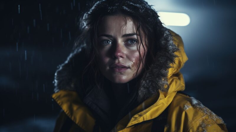 A young woman in an arctic parka, scared.